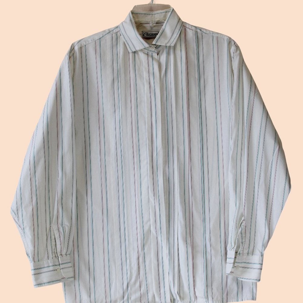 Vintage Corporate Woman, Size 12, White with mixed small  colored stripes